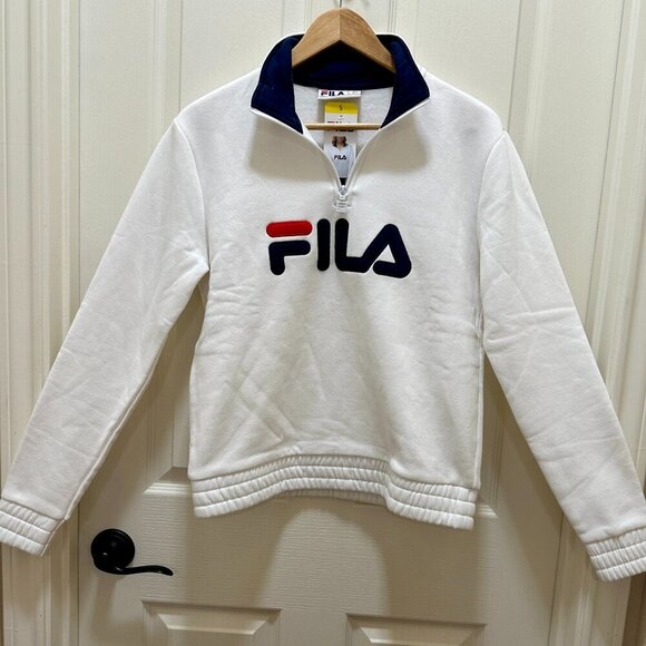 Fila Women's Fleece Pullover Sweatshirt Size S White With Blue Activewear Retro - Picture 13 of 13